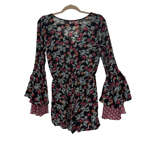 Xhilaration Button-Front Long Sleeve BohoRomper, Black Berry - Picture 6 of 11